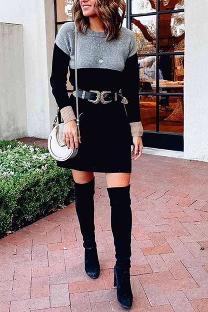 Hoobd Loose Round Neck Paneled Mini Dress(5 Colors)