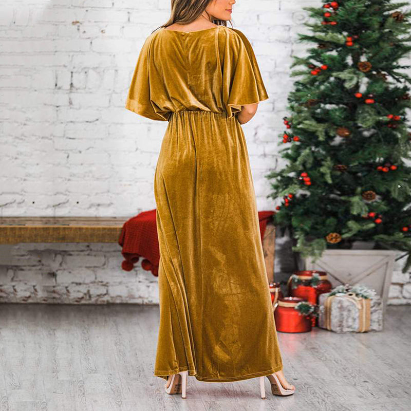 Fashion Velvet Round Neck High Slit Maxi Dresses