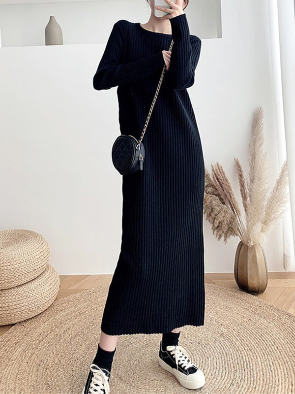 Urban Long Sleeves Solid Color Round-Neck Sweater Dresses