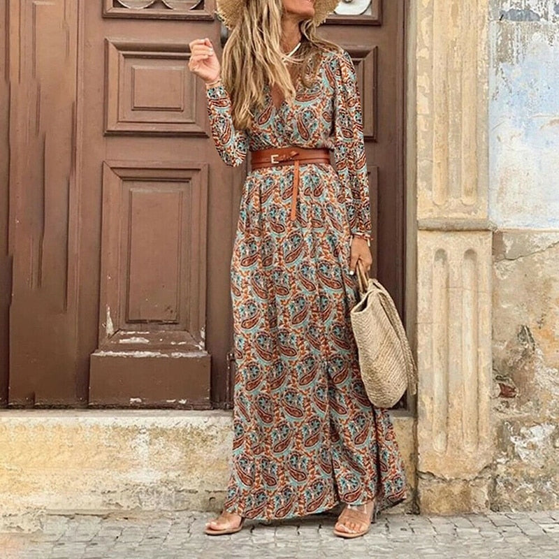 Winter Autumn Fashion Women V Neck Print Long Dress Casual Irregular Long Sleeves Dress Elegant Bohemian Streetwear Party Dress
