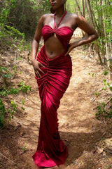 Red Elegant Vacation Solid Fold Halter Long Dress Dresses