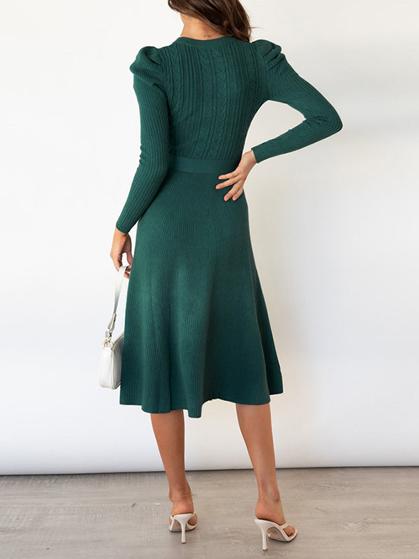 High Waisted Long Sleeves Solid Color Tied Waist Round-Neck Midi Dresses Sweater Dresses