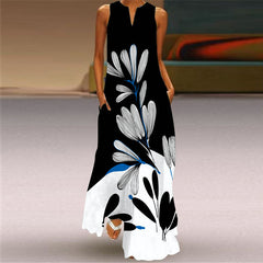 New Women's Long Dress Sleeveless V-Neck Floral Vintage Print Maxi Dresses