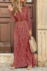 Winter Autumn Fashion Women V Neck Print Long Dress Casual Irregular Long Sleeves Dress Elegant Bohemian Streetwear Party Dress