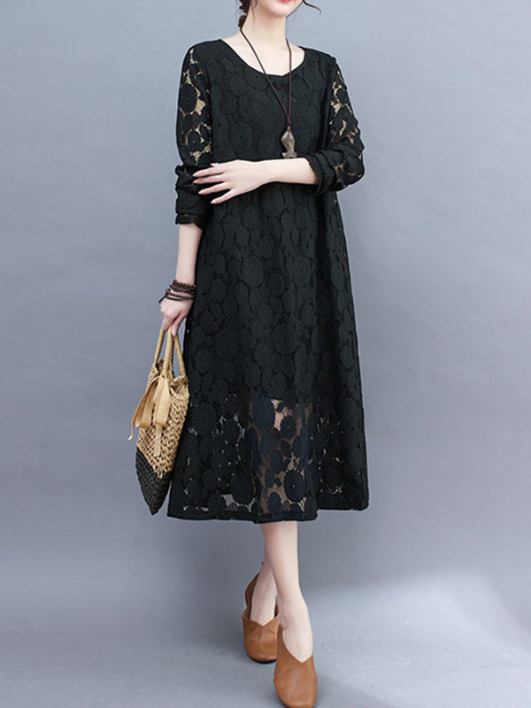 A-Line Long Sleeves Hollow Round-Neck Midi Dresses