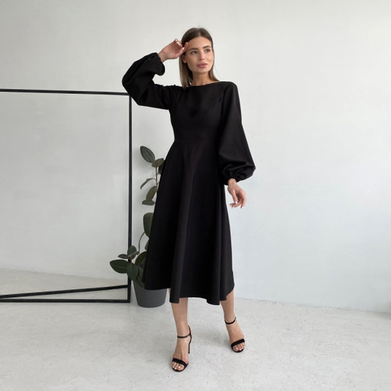 Hoobd Midi Dress O-neck Lantern Sleeves Casual A-line Elegant Female Clothing