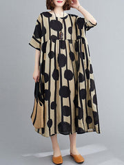 Original Polka-Dot Split-Joint Round-Neck Midi Dress