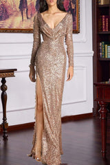 Red Sexy Formal Patchwork Sequins Slit V Neck Long Sleeve Dresses