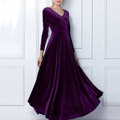 Elegant Solid Long Sleeved V-neck Velvet Maxi Dresses