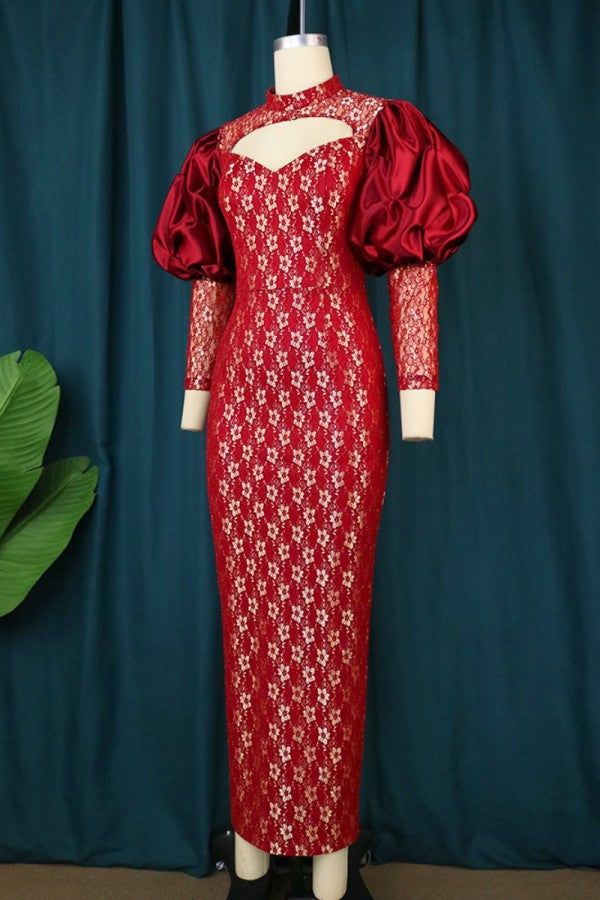 Red Sexy Patchwork Hollowed Out Half A Turtleneck Evening Dress Dresses