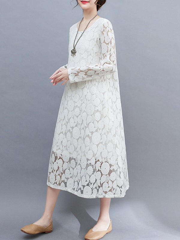 A-Line Long Sleeves Hollow Round-Neck Midi Dresses