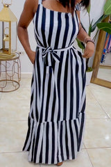 Black Casual Sweet Daily Simplicity Striped Patchwork With Belt Contrast Spaghetti Strap Dresses