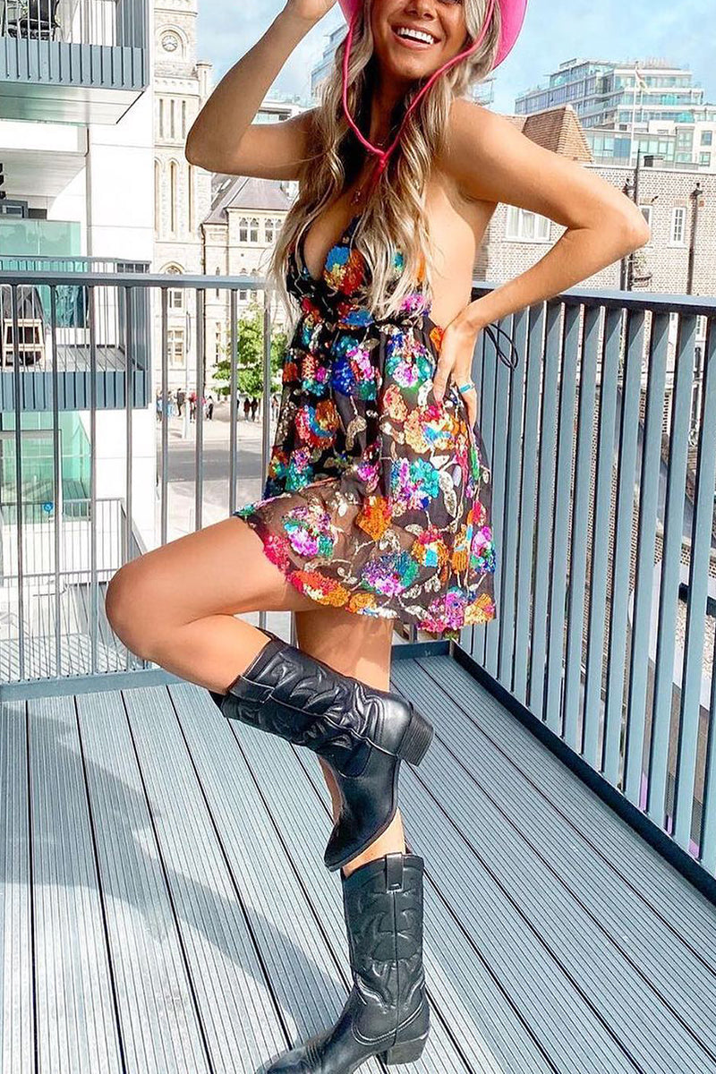 Hoobd Rainbow Sequin Open Back Slip Mini Dress