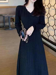 A-Line High Waisted Pleated Solid Color V-Neck Midi Dresses Sweater Dresses
