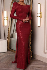 Burgundy Sexy Formal Solid Sequins Patchwork Backless O Neck Evening Dress Dresses