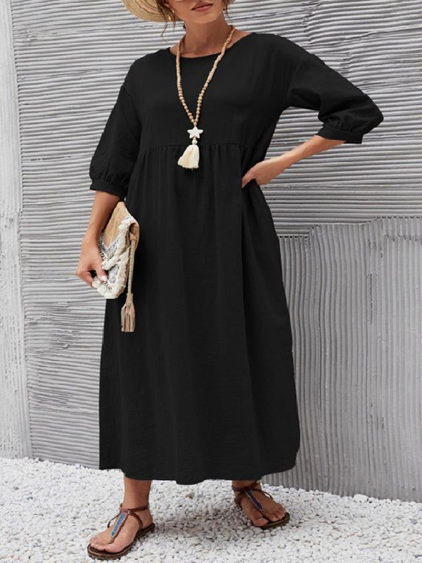 Hoobd11 Colors Simple Round-Neck Solid Color Midi Dress