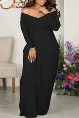 Black Casual Solid Basic V Neck Long Sleeve Dresses