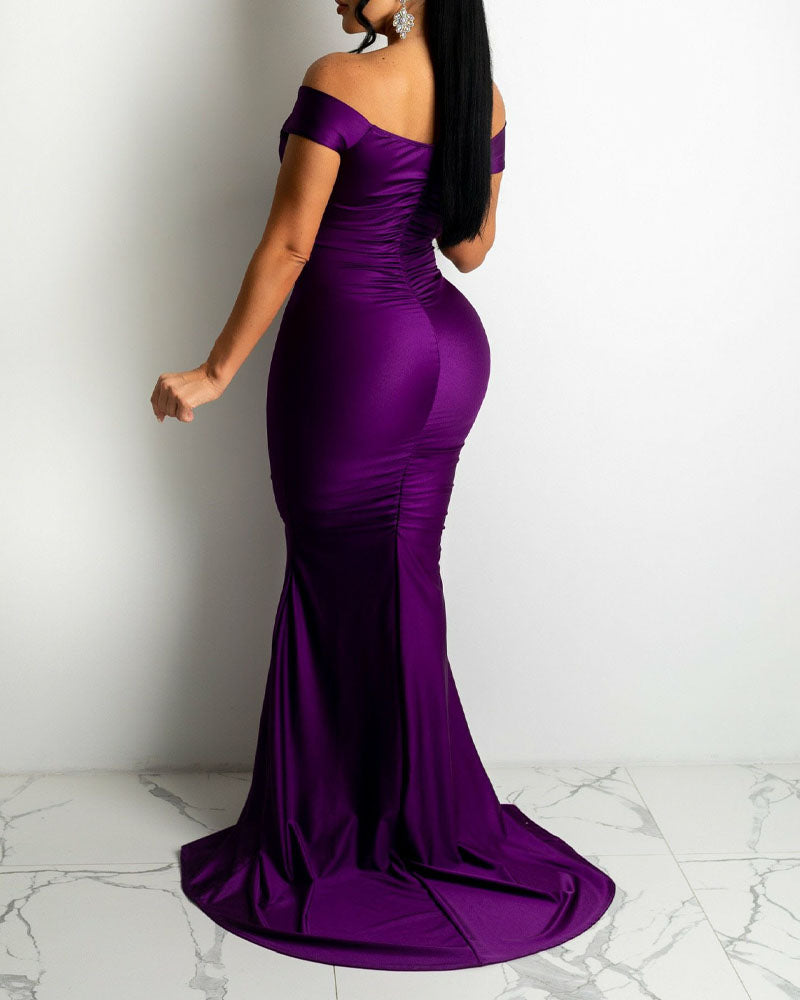 Hoobd Satin Off Shoulder Ruched Split Mermaid Dress