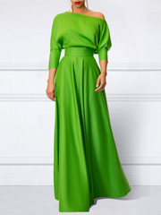 Loose Three-Quarter Sleeves Solid Color Off-The-Shoulder Maxi Dresses