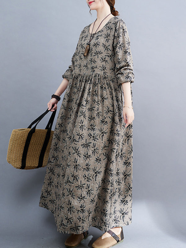 Artistic Retro Long Sleeves Loose Floral Printed Round-Neck Midi Dresses