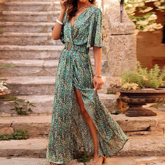 Printed V-Neck Slit Maxi Dress