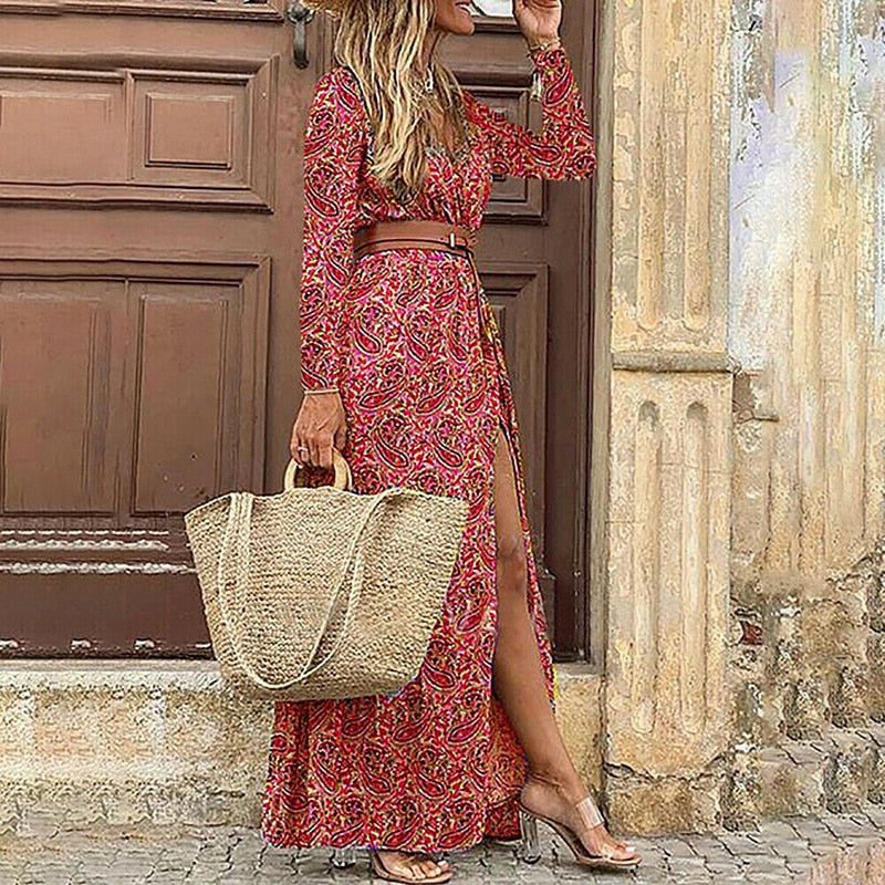 Winter Autumn Fashion Women V Neck Print Long Dress Casual Irregular Long Sleeves Dress Elegant Bohemian Streetwear Party Dress