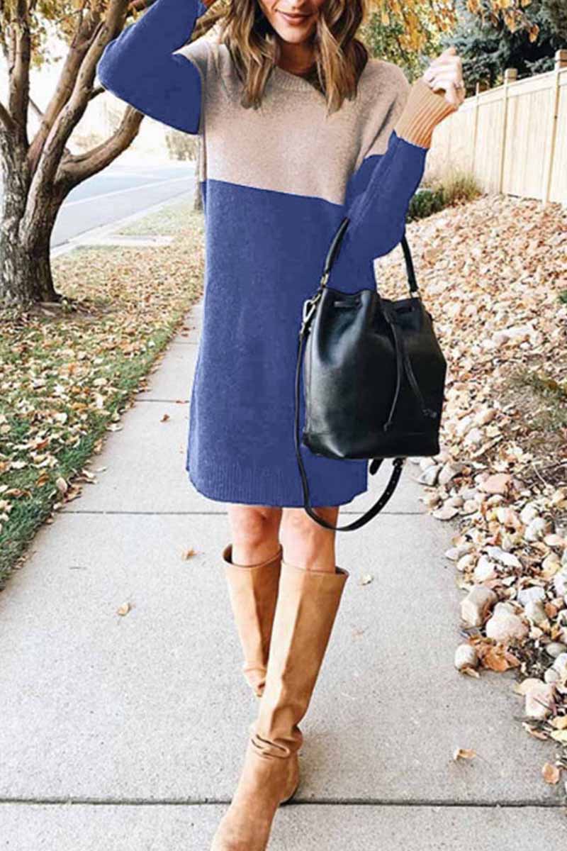 Hoobd Loose Round Neck Paneled Mini Dress(5 Colors)