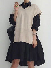 Split Knit Vest + Lapel Long Sleeve Shirt Dress