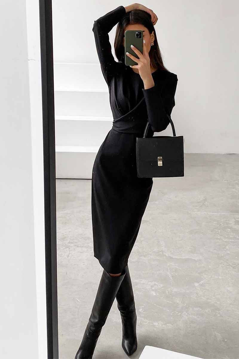 Hoobd Fashion Long Sleeve Waist Midi Dress