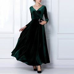 Elegant Solid Long Sleeved V-neck Velvet Maxi Dresses
