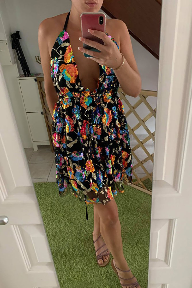Hoobd Rainbow Sequin Open Back Slip Mini Dress