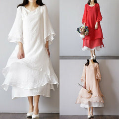 Women's Vintage Chinese classic dress loose solid color long sleeve dress Vintage Chinese classic spring and autumn robe dress