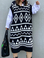 Long Sleeves Loose Contrast Color Diamond-Patterned Split-Joint Lapel Midi Dresses Sweater Dresses
