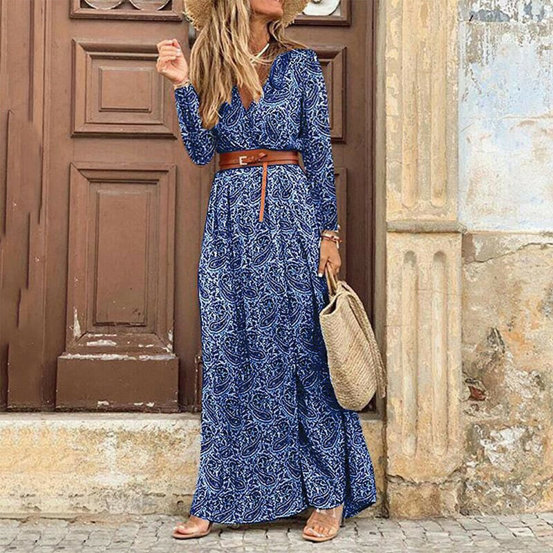 Winter Autumn Fashion Women V Neck Print Long Dress Casual Irregular Long Sleeves Dress Elegant Bohemian Streetwear Party Dress