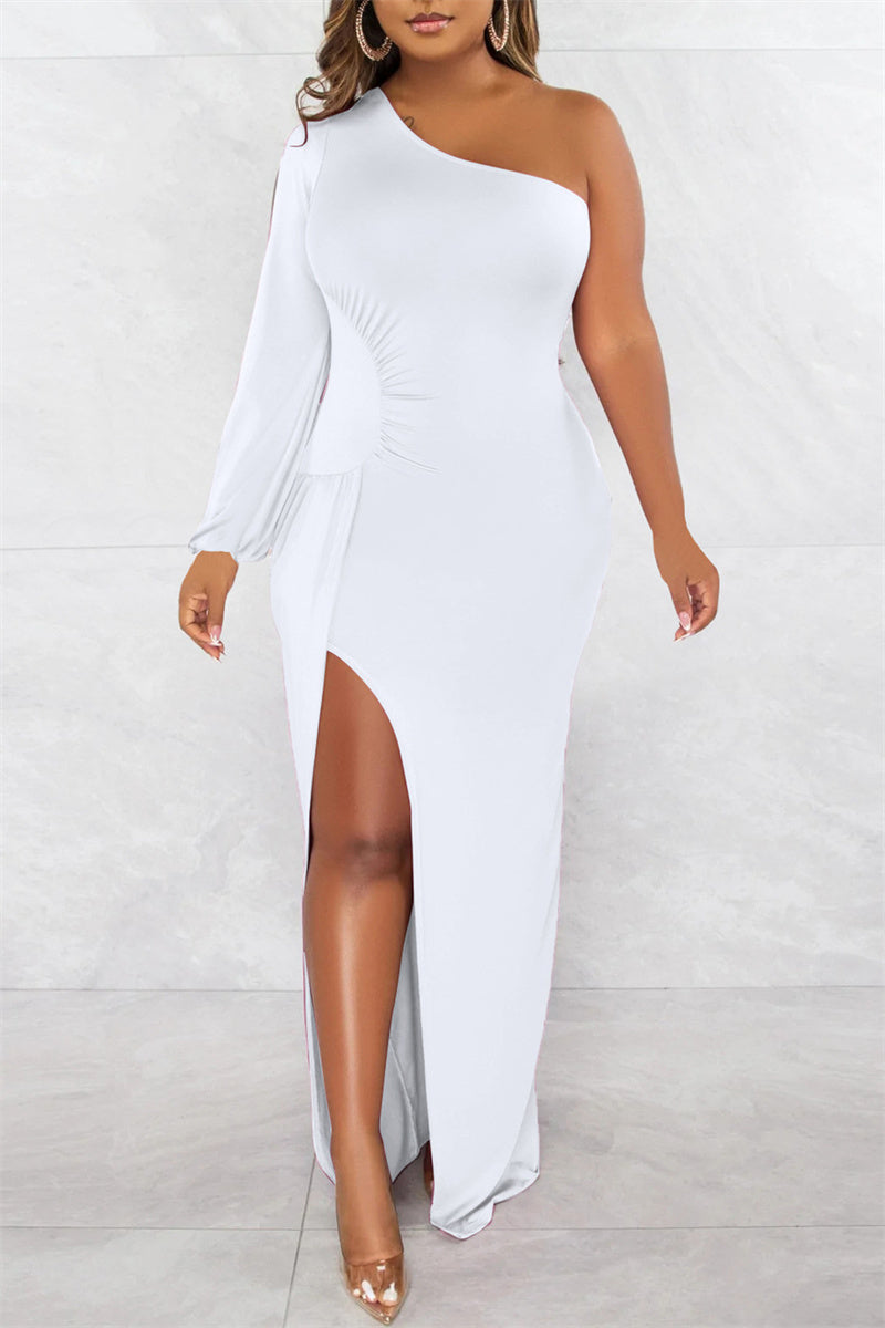 White Sexy Formal Solid Backless Slit Oblique Collar Long Sleeve Dresses