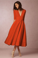 New Sexy Deep V Mid Sleeve Dress Midi Dress Skater Dresses