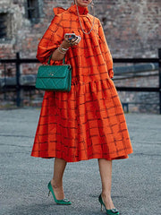 Original Creation Loose Puff Sleeves Plaid High-Neck Midi Dresses