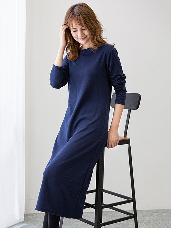 Simple Solid Color Round-Neck A-Line Midi Dress