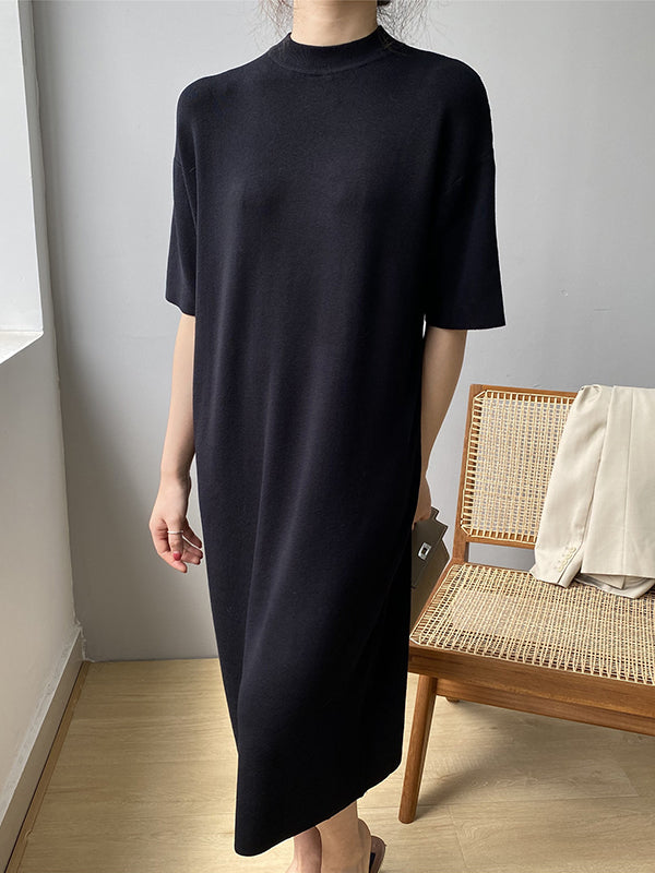 Loose Short Sleeves Solid Color Split-Joint Round-Neck Midi Dresses Sweater Dresses