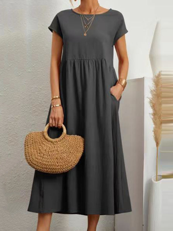 Hoobd11 Colors Simple Round-Neck Solid Color Midi Dress