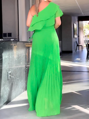 Loose Asymmetric Plain Pleated One-Shoulder Maxi Dresses