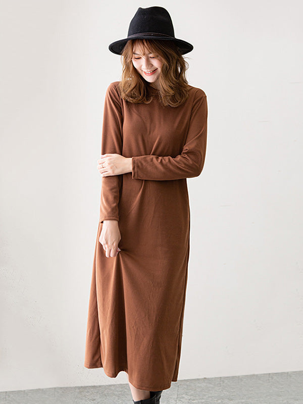 Simple Solid Color Round-Neck A-Line Midi Dress