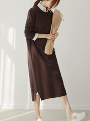 Urban Long Sleeves Loose Split-Side Solid Color Round-Neck Sweater Dresses