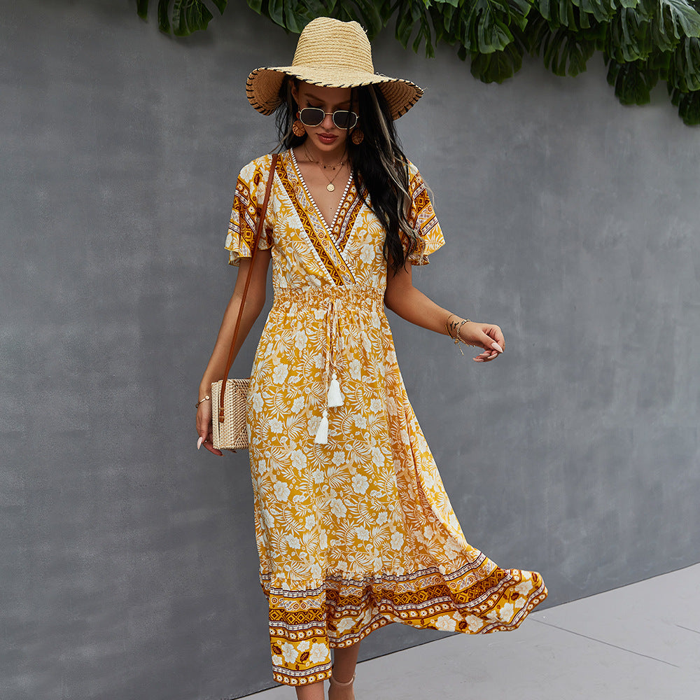 Spring New Bohemian Floral Dress Women Flare Sleeve Casual V Neck Tassel Bandage Print Dress Ladies Holiday Style Summer Dresses