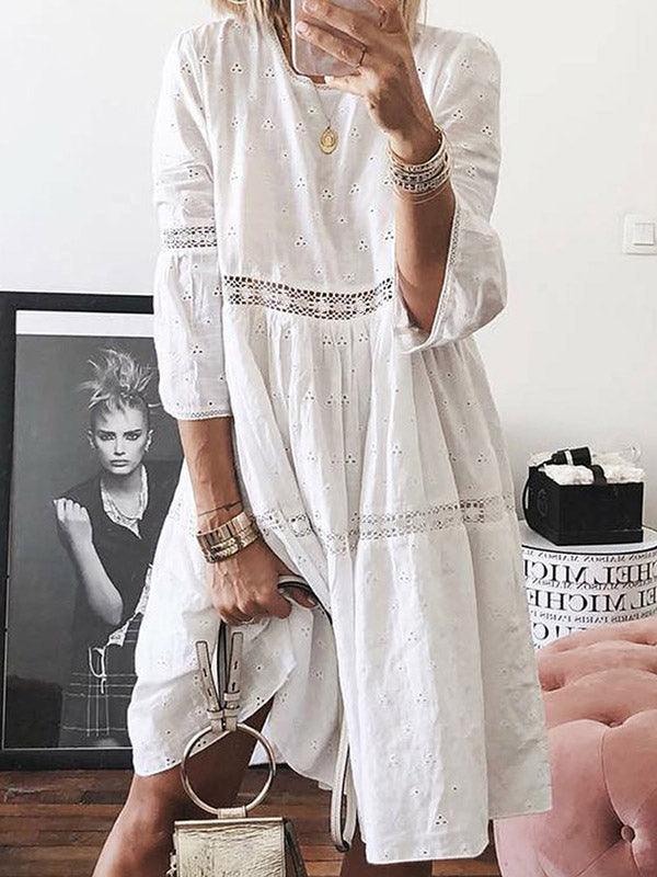 Loose Solid Color Hollow Round-Neck 3/4 Sleeves Midi Dress