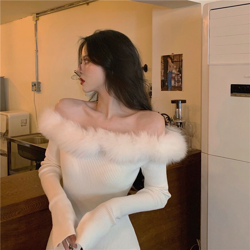 Hoobd Winter Kawaii Knitted Dress Women Sexy Patchwork Party Mini Dress Female Casual Korean Fashion Sweater Slim Dress New