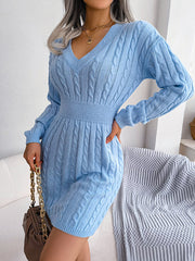 High Waisted Long Sleeves Solid Color V-Neck Mini Dresses Sweater Dresses