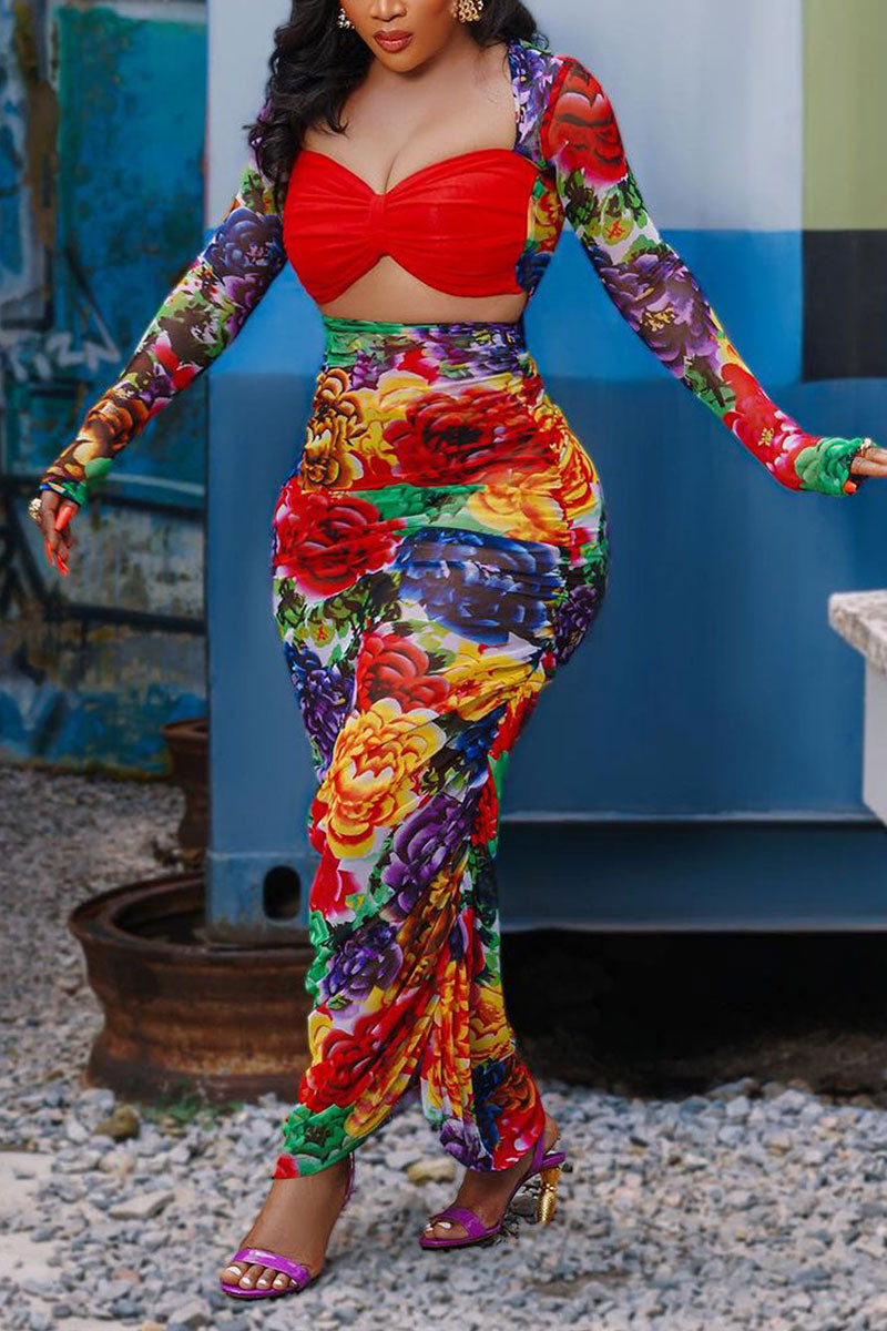 Red Elegant Patchwork Print Floral Patchwork Fold Printing Strapless Printed Dress Dresses