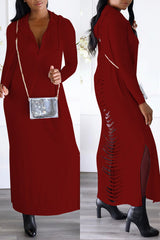 Black Casual Solid Slit Hooded Collar Long Sleeve Dresses