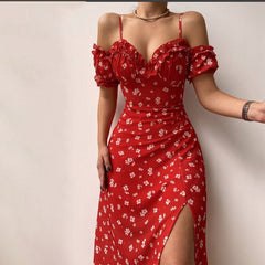 Women'S Off Shoulder Frilly Suspender Dress Party Summer Ladies Short Sleeve V-Neck Split Mid-Length Dress Floarl A-Line